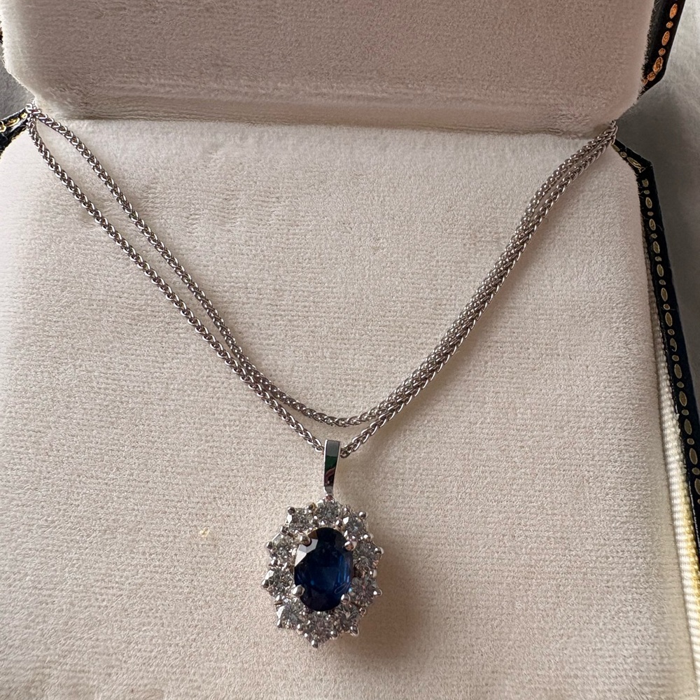 3 piece Sapphire Color Halo Pendant Necklace, earrings and ring. - Picture 7 of 7